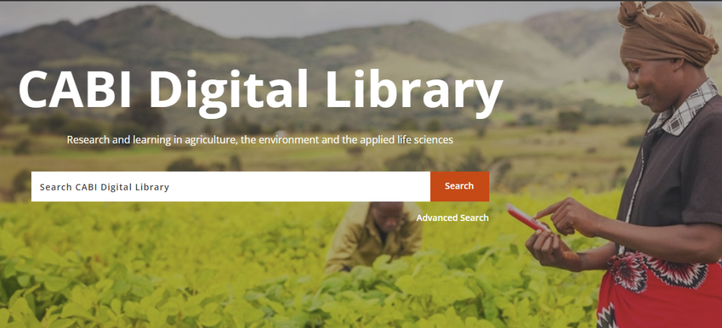 The CABI Digital Library landing page with the sub-heading "Research and learning in agriculture, the environment and the applied life sciences".